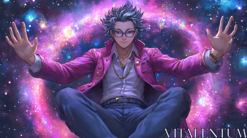 Cosmic Man Portrait with Raised Hands