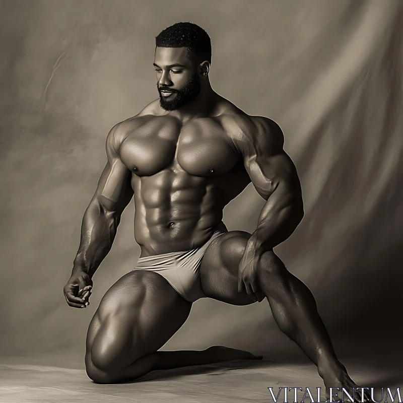 Muscular Man Kneeling in Sepia
