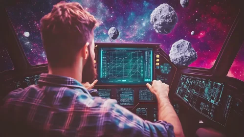 Man piloting spaceship through asteroid field