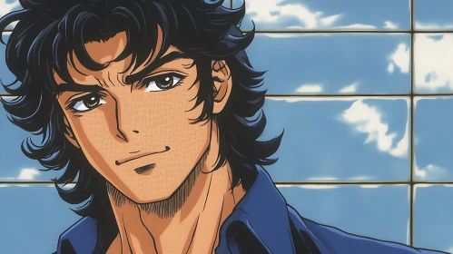 Anime Character Smiling in Front of Tiled Sky Background