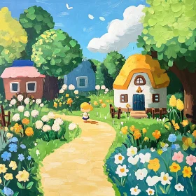 Child's Journey Through a Floral Village