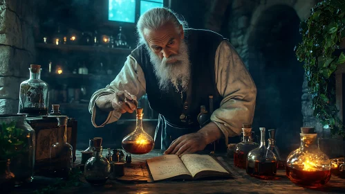 Old Alchemist Creating Magic Elixir