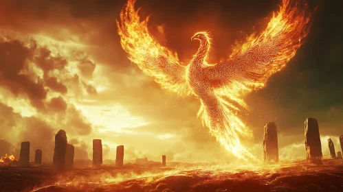 Phoenix Ablaze Over Ancient Ruins