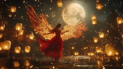 Ethereal Angel with Wings in Night Scene