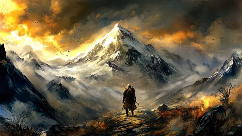 Lone Wanderer at the Foot of Mountains