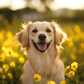 Golden Dog Enjoying Sunlight in a Flower Field