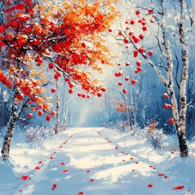 Snowy Path Through Autumn Trees