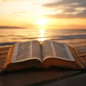 Open Book on Beach at Sunset
