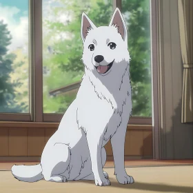 Charming White Anime Dog Sitting in a Cozy Room