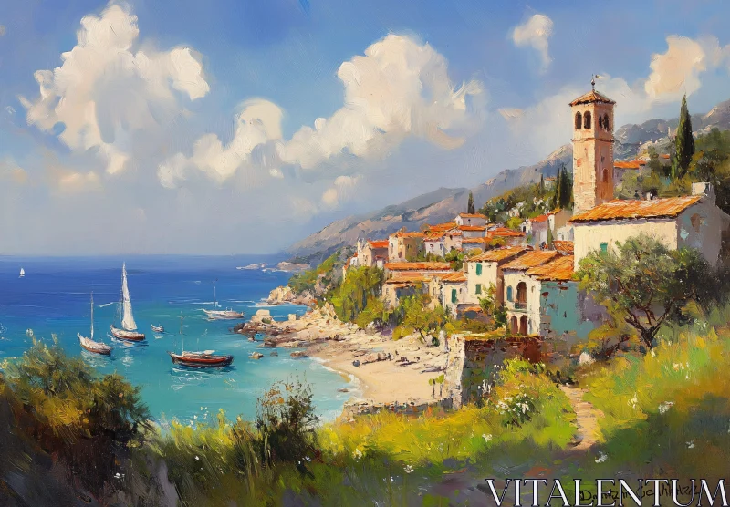 Seaside Village with Tower and Boats