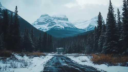 Snowy Mountain Forest Road View