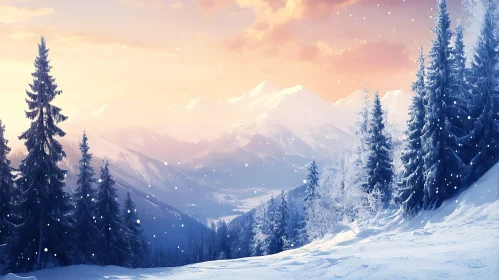 Snowy Mountain Scene with Pine Trees