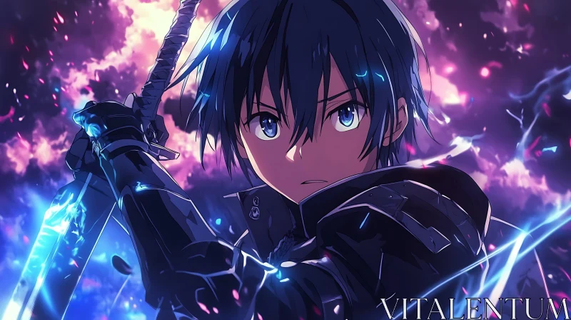 Fierce Anime Warrior with Sword in Ethereal Backdrop