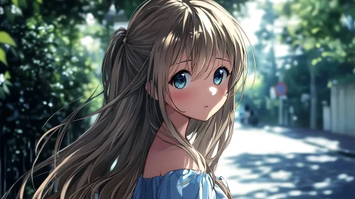Anime Girl with Blue Eyes and Blonde Hair in Sunlight