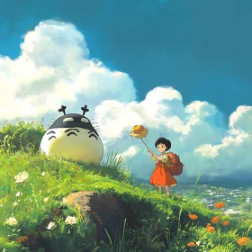 Anime Girl and Creature Amidst Nature