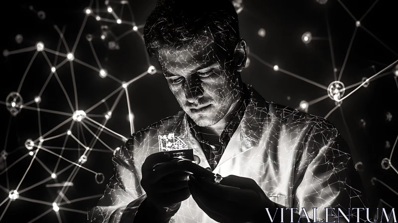 Future Tech: Man Inspecting Microchip Network