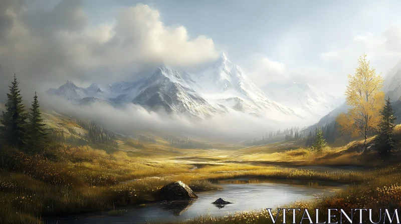 Snowy Peaks and Tranquil Pond View