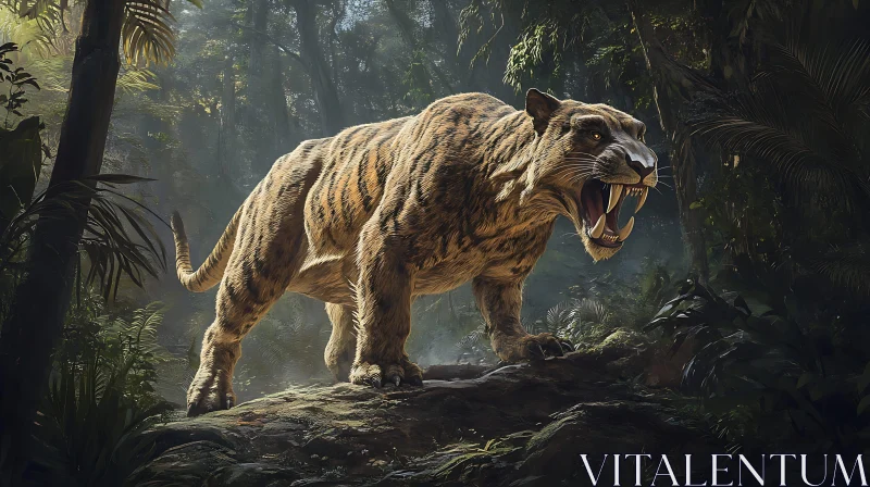 Saber-Toothed Cat Portrait in Lush Forest