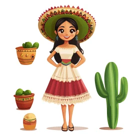 Cartoon Girl in Traditional Mexican Outfit