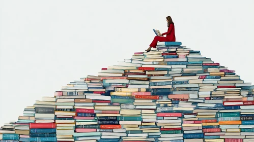 Woman Reading on Stacked Books