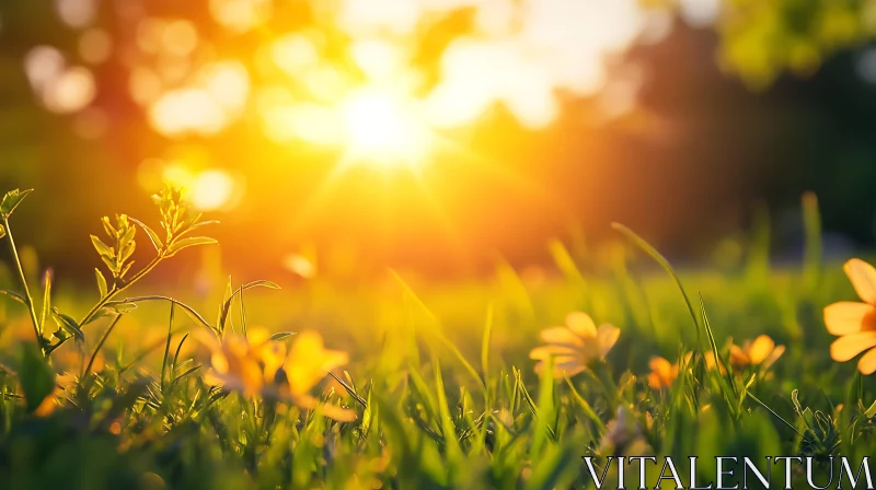 Sunlit Flowers in Green Field