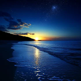 Coastal Sunset with Starry Sky
