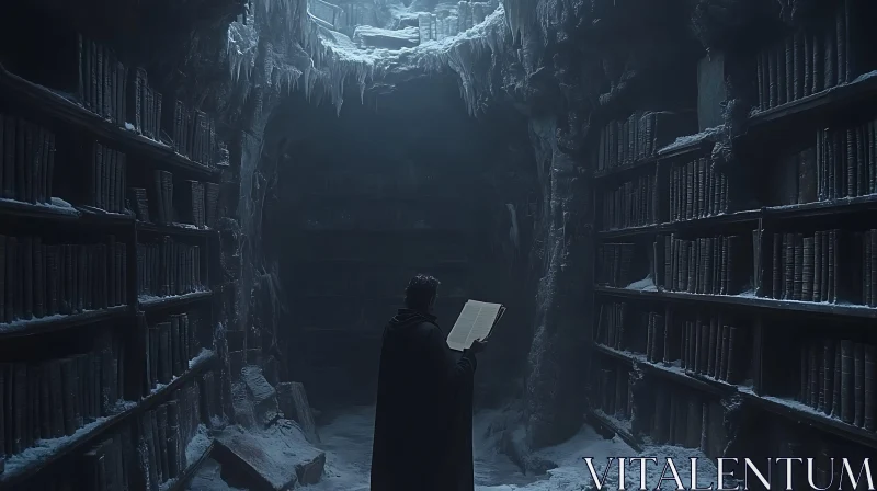 Snowy Library With Person Reading Book