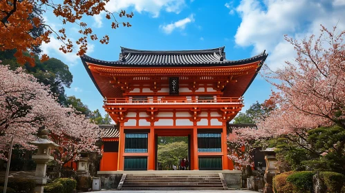 Traditional Japanese Gate During Spring