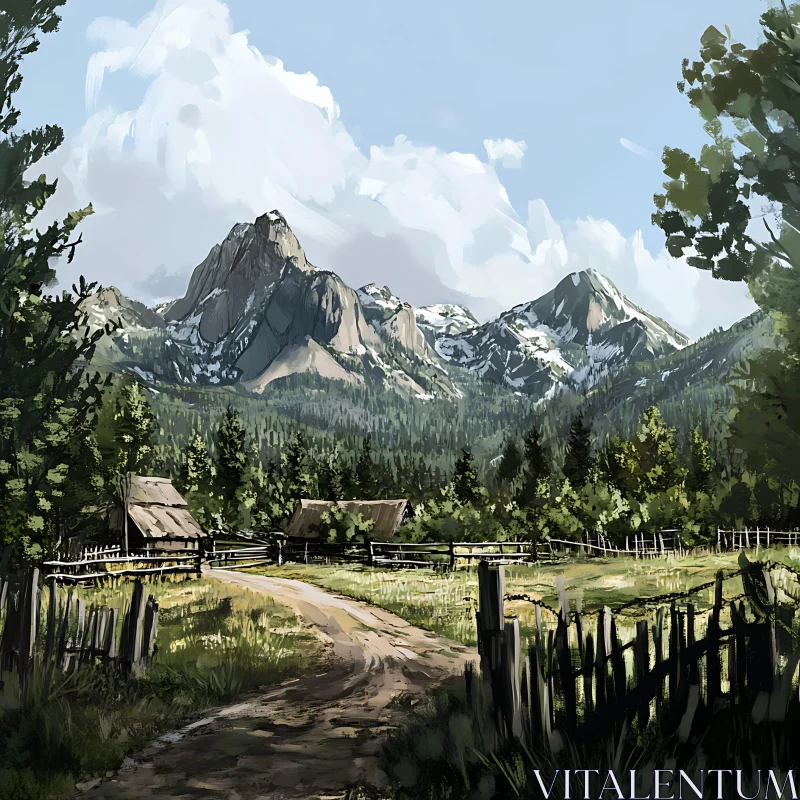 Scenic Mountainous View with Old Farm