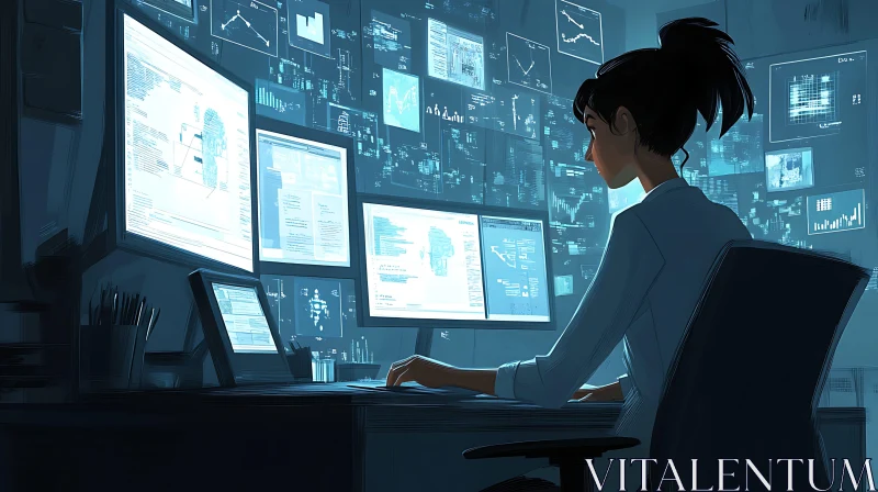 Woman Analyzing Data on Multiple Screens