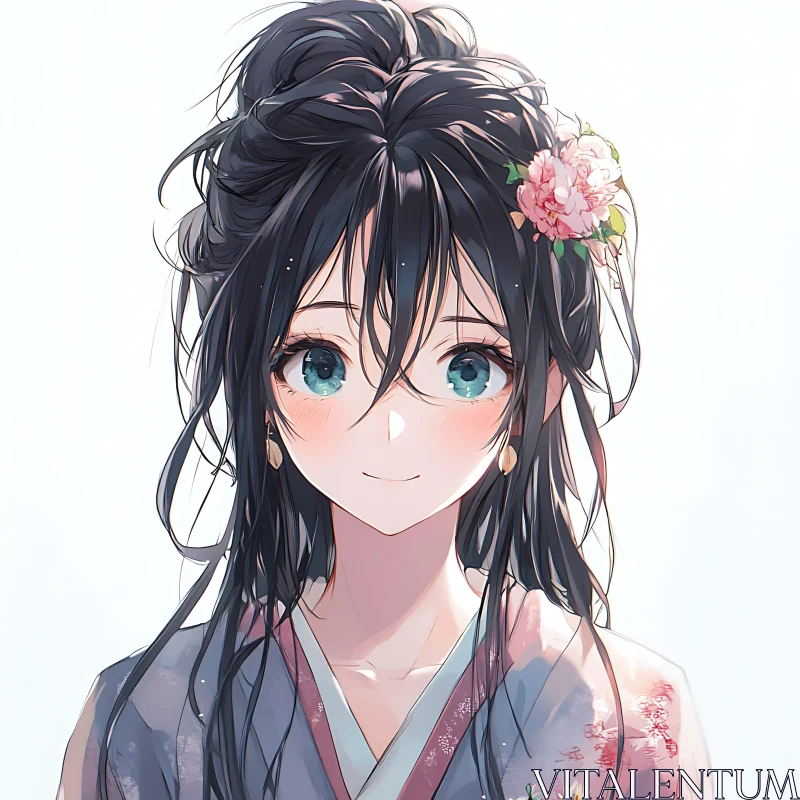 Serene Anime Girl with Flower Hairpin in Traditional Kimono