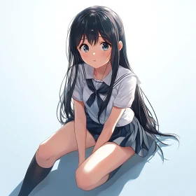 Kneeling Anime School Girl with Long Hair