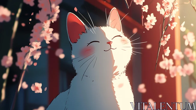Tranquil Cat and Cherry Blossoms AI Image