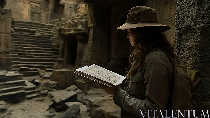 Woman in Hat Reads Map in Ruins