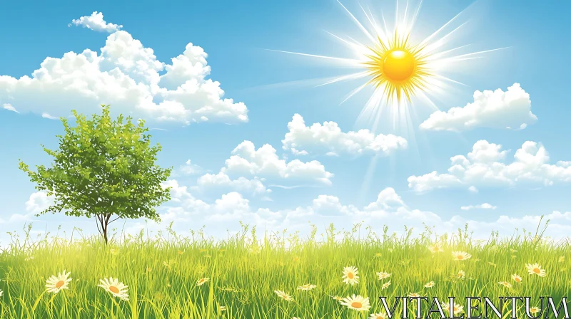 Idyllic Green Field Landscape with Blue Sky