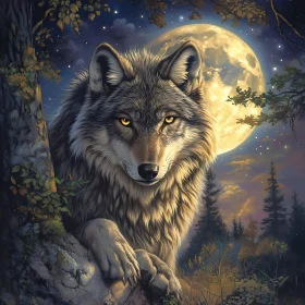 Mystic Wolf Portrait with Full Moon