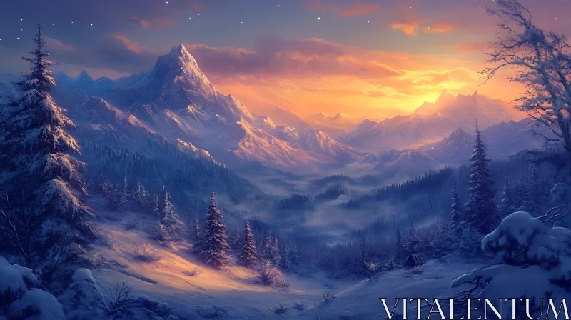 AI ART Snowy Mountains at Sunset