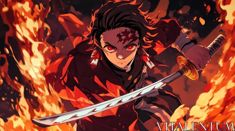 Intense Battle Scene with Anime Character and Fire