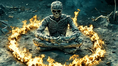 Grim Scene: Skeletal Meditation in Flames