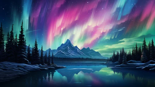 Aurora Borealis Over Mountains and Lake Illustration