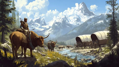 Mountainous Vista with Livestock and Covered Wagons