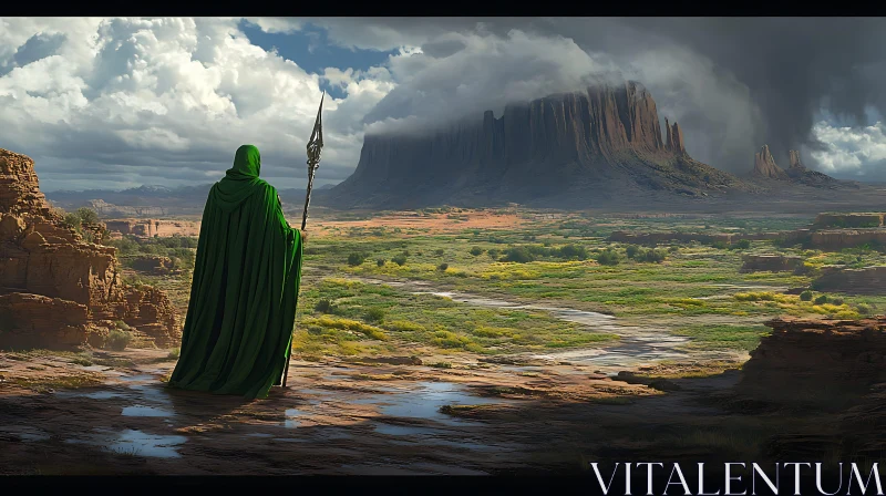 Cloaked Figure Overlooking Canyon Landscape
