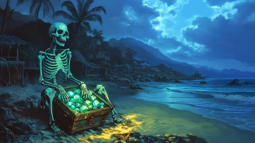 Night Beach Scene with Skeleton and Gems