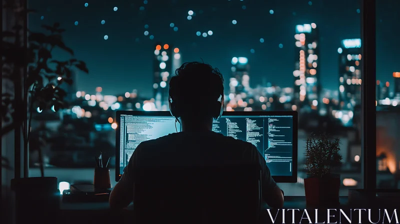 Programmer at Night with City View