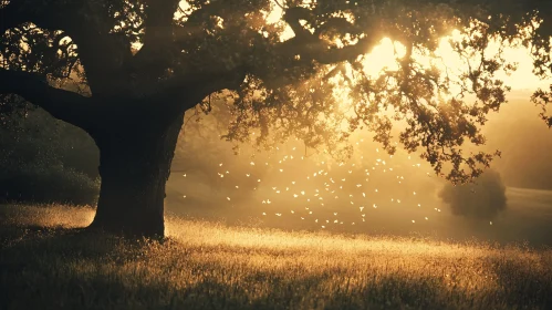Tree with Butterflies at Sunset
