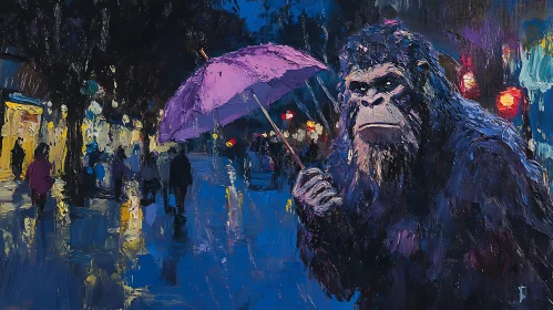 Ape with Umbrella in Rainy City