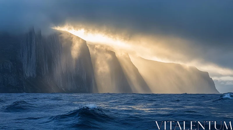 Sunlight Illuminates Cliffs Over Ocean Scene AI Image