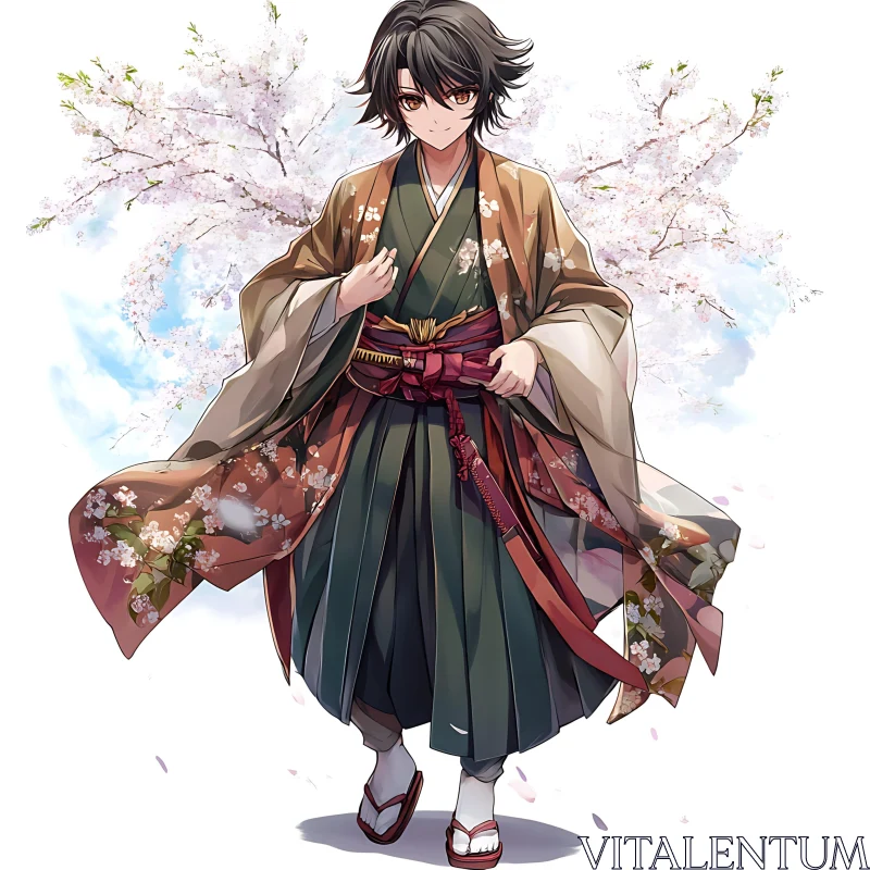 Anime Character in Floral Kimono with Cherry Blossoms