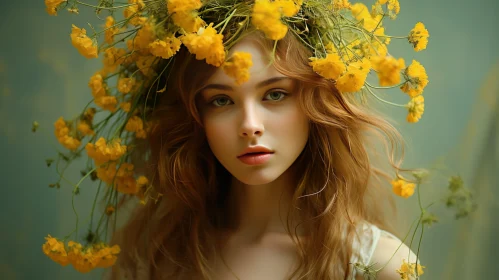 Ethereal Girl with Crown of Yellow Flowers - Photorealistic Oil Portrait