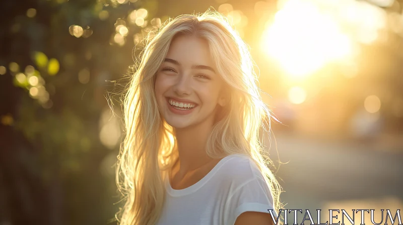 Smiling Woman in Golden Sunlight Portrait
